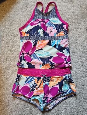 Athleta Girl Purple and Peach Two-Piece Swim Tank And Shorts Set